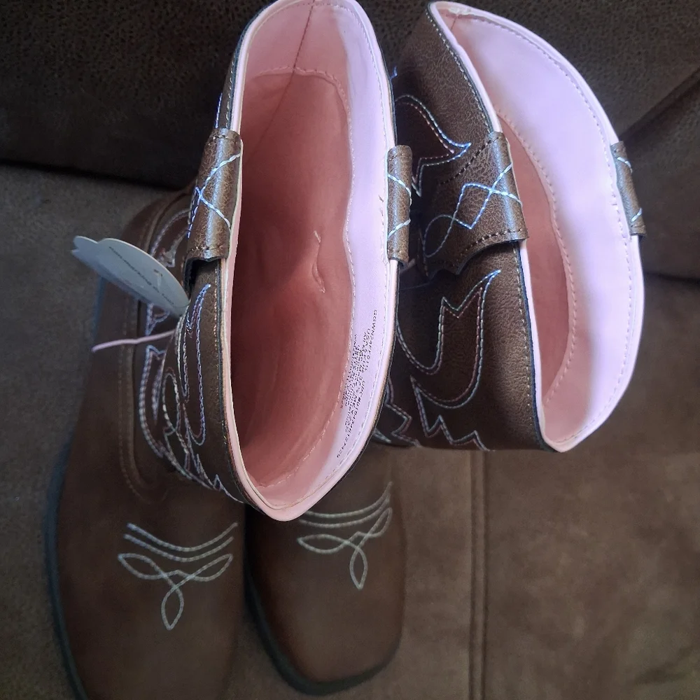 Wonder Nation Brown Western Cowgirl Boots with Pink Trim Girls' Size 5